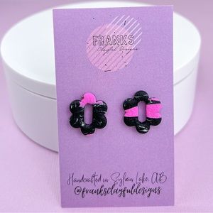 Pink with Black Marble Design Handmade Polymer Clay Floral Stud Earrings